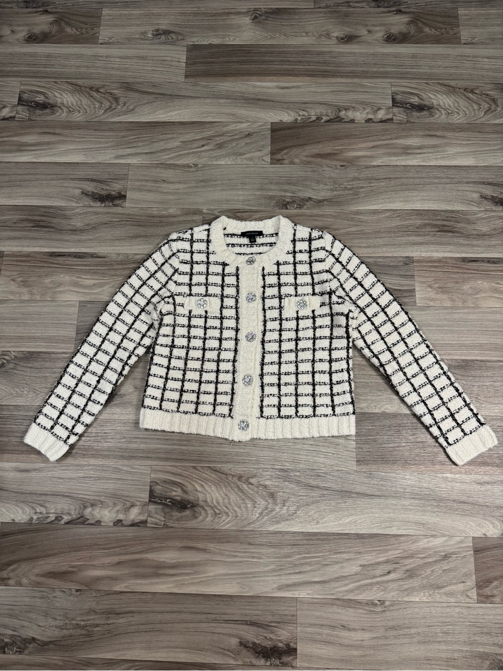 NWT Ann Taylor Tweedy Button Trim Cardigan White/Black Multi Size Medium